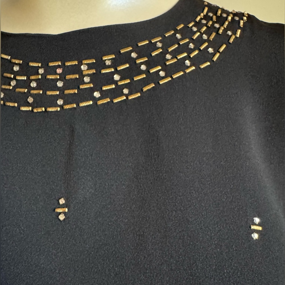 Vintage 1940’s - 50’s Silky Black Bias Cut Short Sleeve Blouse w Rhinestones MED - Picture 4 of 10